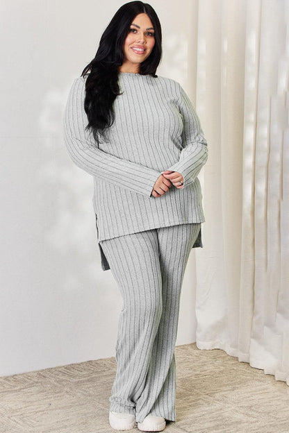 Basic Bae Full Size Ribbed High-Low Top and Wide Leg Pants Set Carauana Store