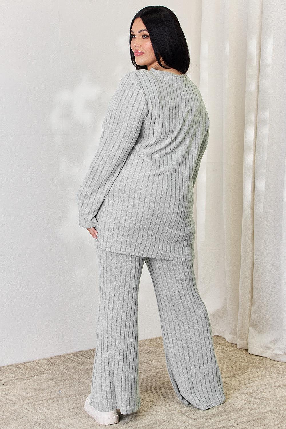 Basic Bae Full Size Ribbed High-Low Top and Wide Leg Pants Set Carauana Store
