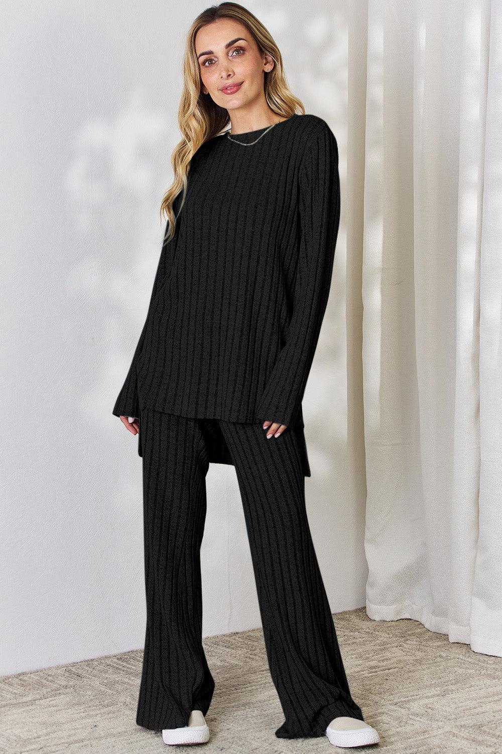 Basic Bae Full Size Ribbed High-Low Top and Wide Leg Pants Set Carauana Store