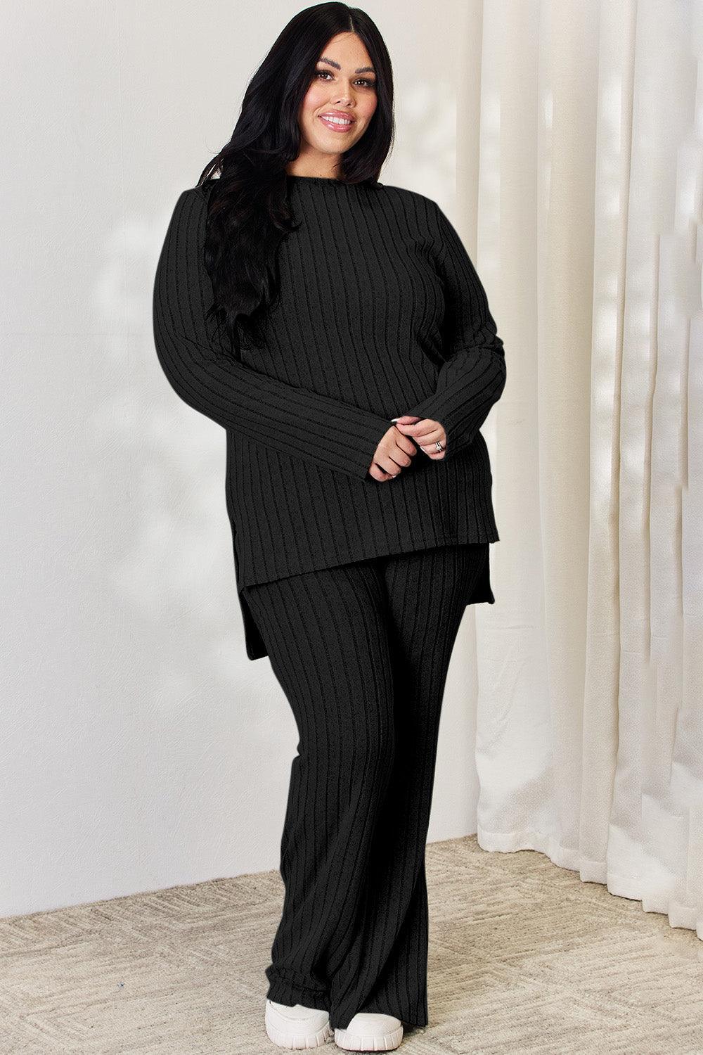 Basic Bae Full Size Ribbed High-Low Top and Wide Leg Pants Set Carauana Store