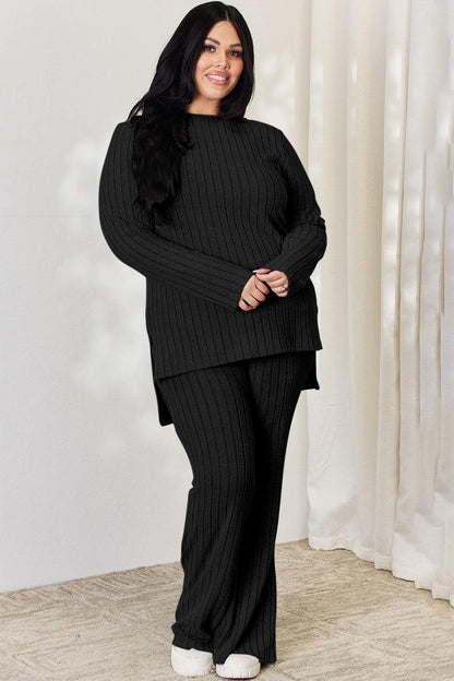 Basic Bae Full Size Ribbed High-Low Top and Wide Leg Pants Set Carauana Store