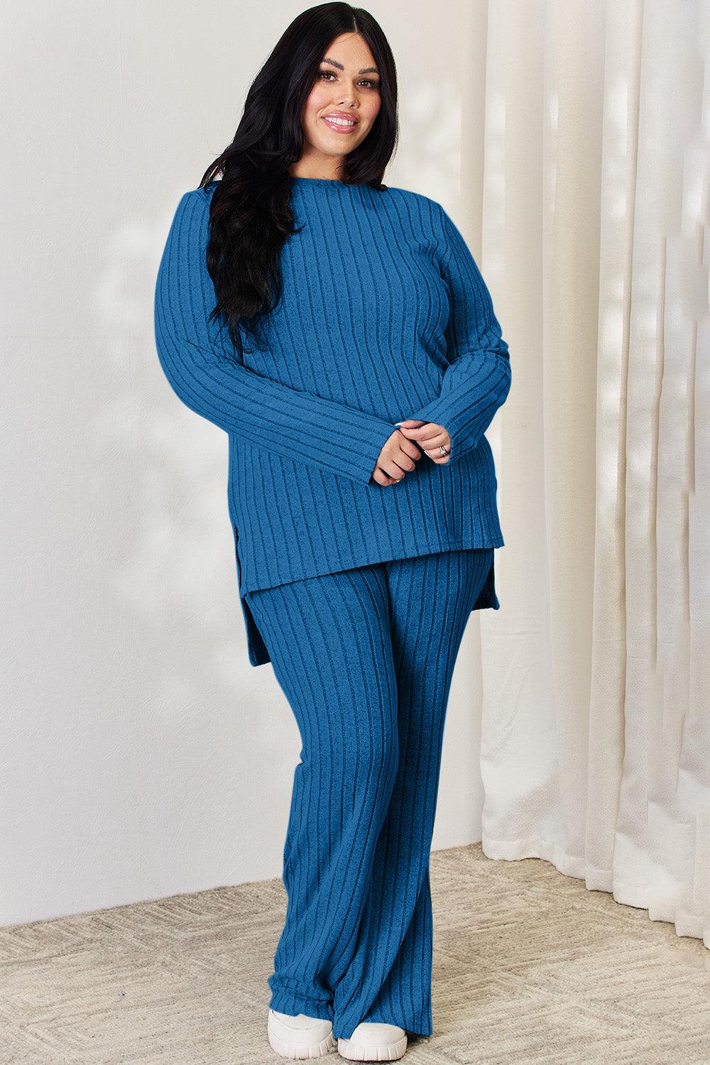 Basic Bae Full Size Ribbed High-Low Top and Wide Leg Pants Set Carauana Store