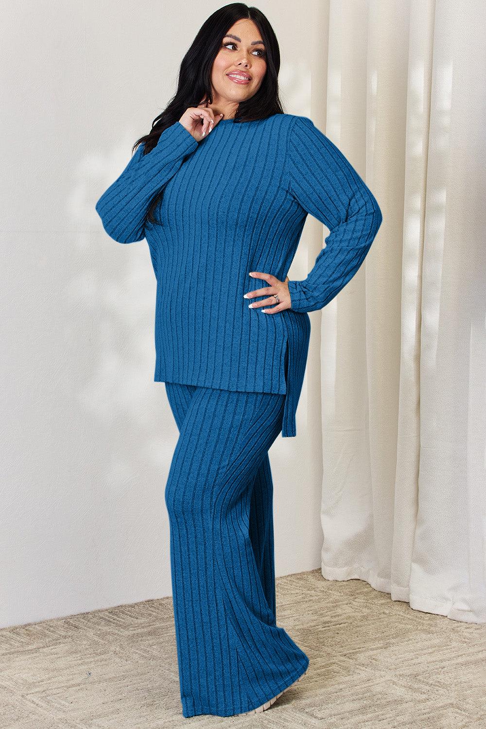 Basic Bae Full Size Ribbed High-Low Top and Wide Leg Pants Set Carauana Store