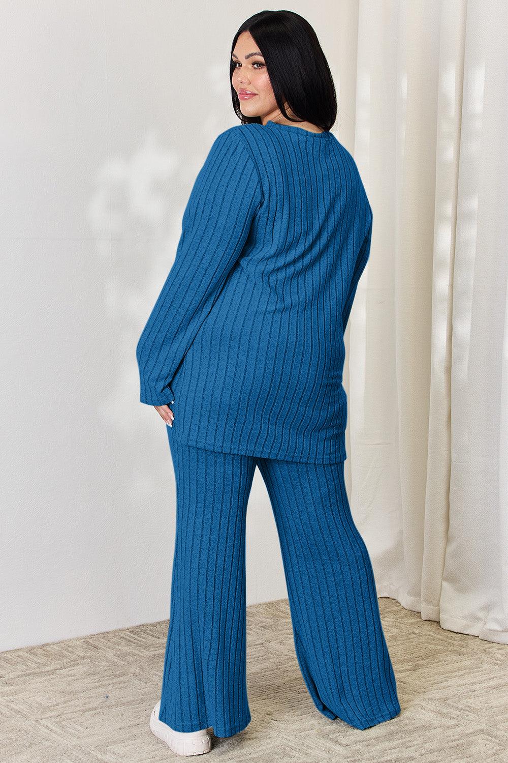 Basic Bae Full Size Ribbed High-Low Top and Wide Leg Pants Set Carauana Store