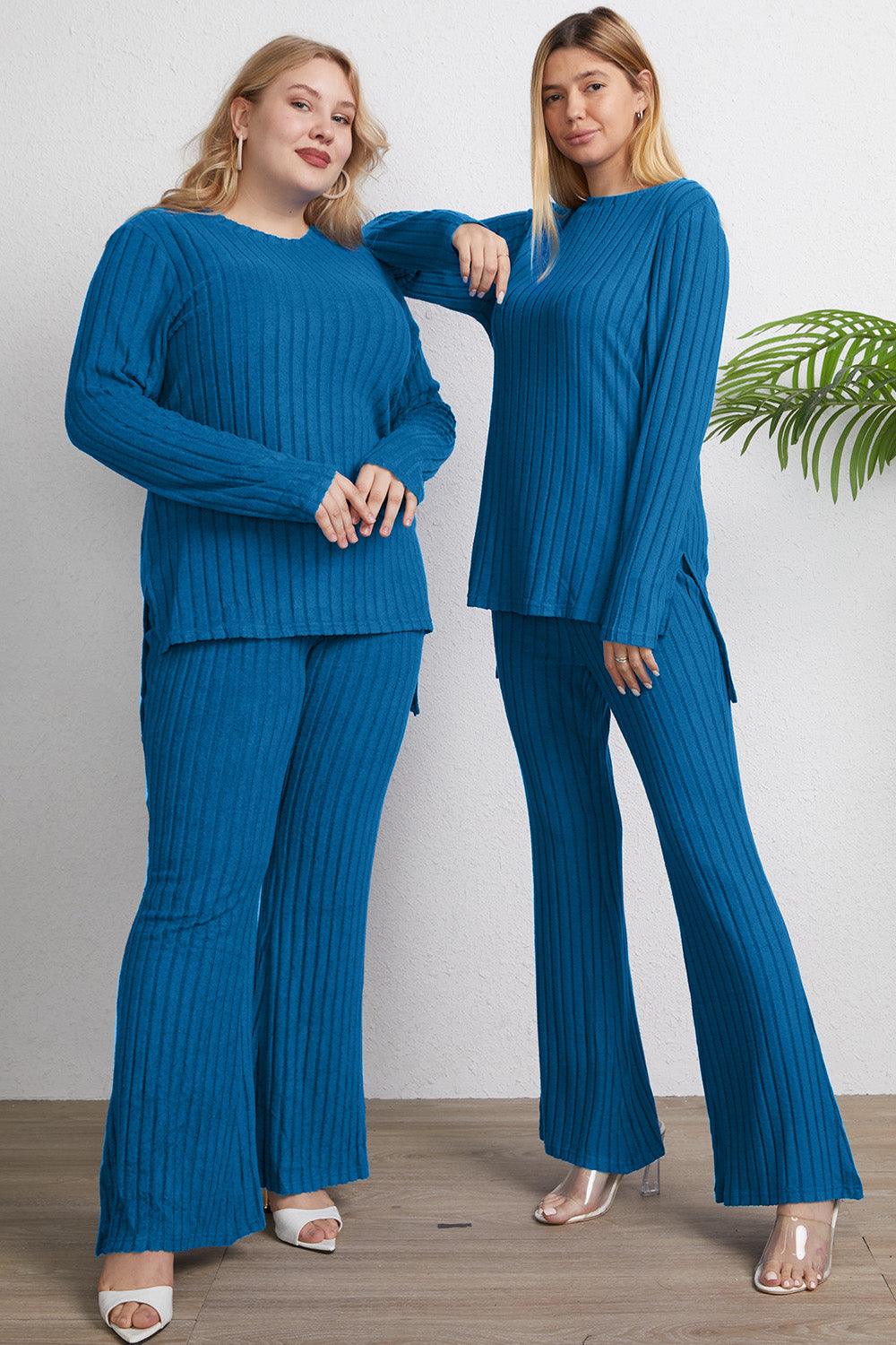 Basic Bae Full Size Ribbed High-Low Top and Wide Leg Pants Set Carauana Store