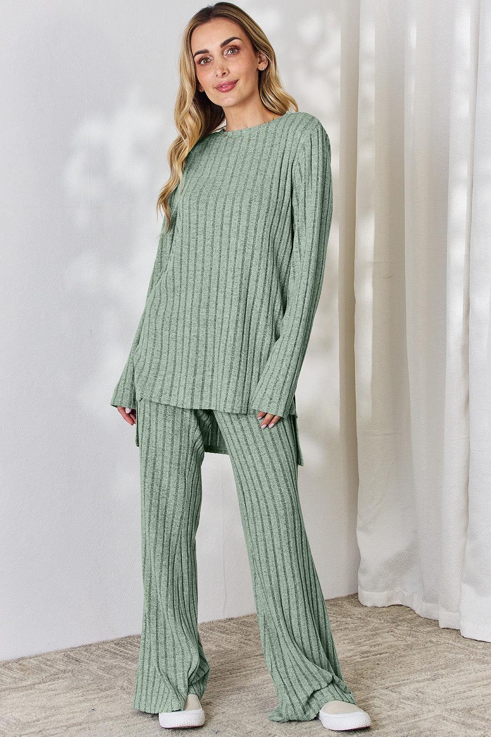 Basic Bae Full Size Ribbed High-Low Top and Wide Leg Pants Set Carauana Store