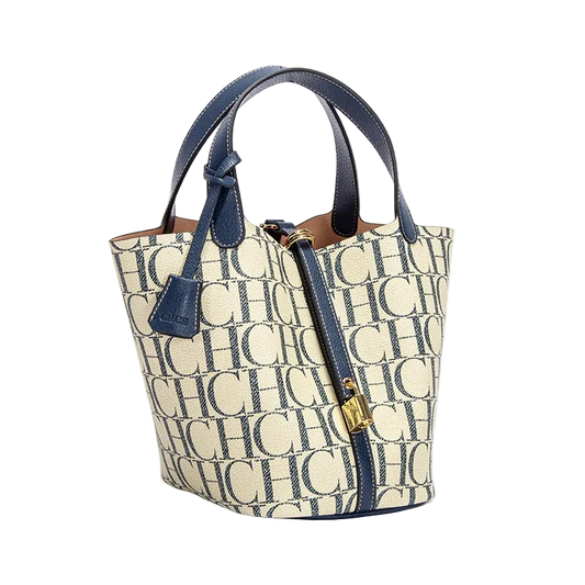 Handbag with monogram pattern and blue accents on a white background