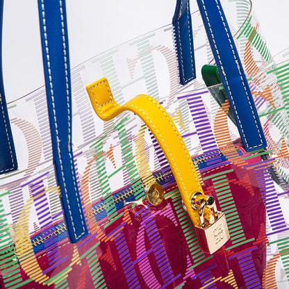 Colorful handbag with a yellow handle and blue straps on a white background