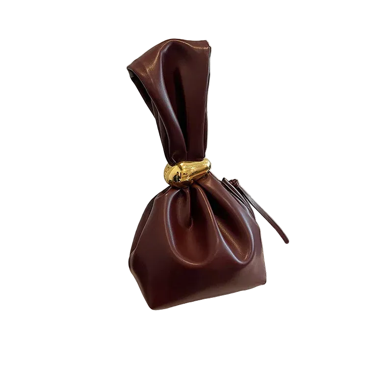 Brown leather pouch with a gold clasp on a white background