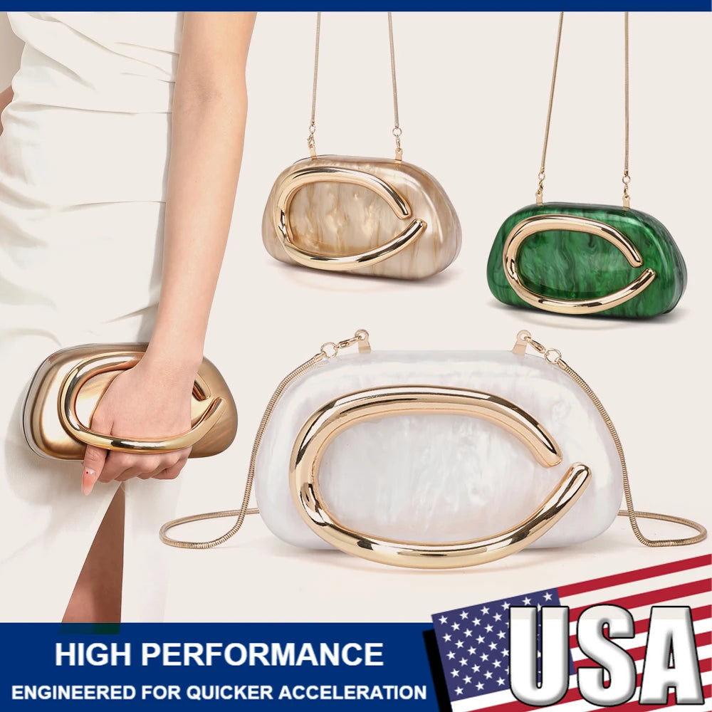 Gold and green handbags with a person holding one, set against a white background with 'USA' text.