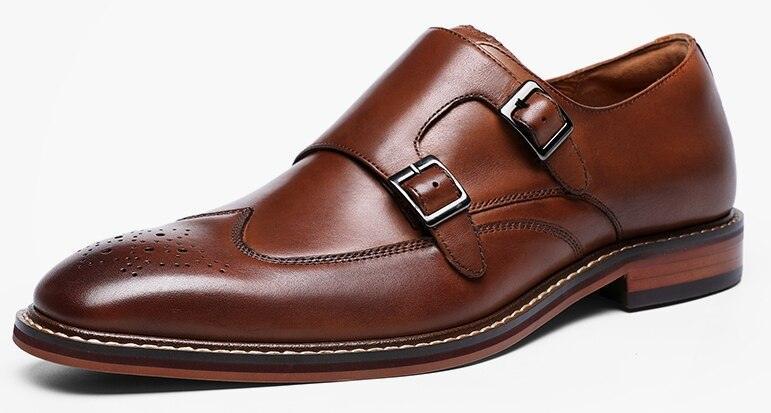 DESAI Monk Strap Slip on Genuine Leather Business Handmade Dress Brogue with Buckle