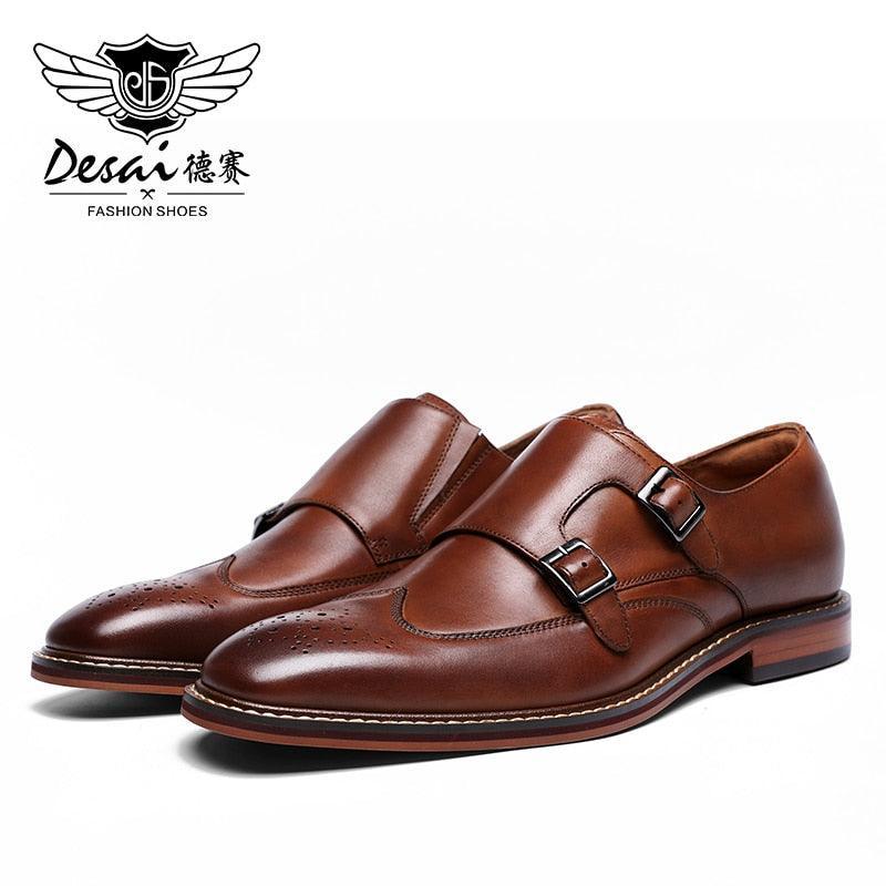 DESAI Monk Strap Slip on Genuine Leather Business Handmade Dress Brogue with Buckle