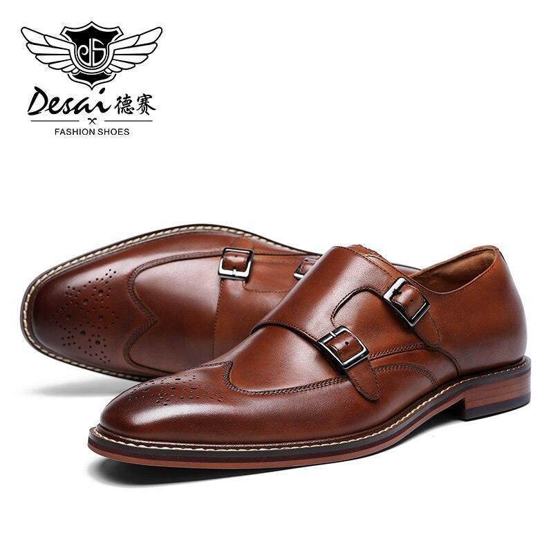 DESAI Monk Strap Slip on Genuine Leather Business Handmade Dress Brogue with Buckle