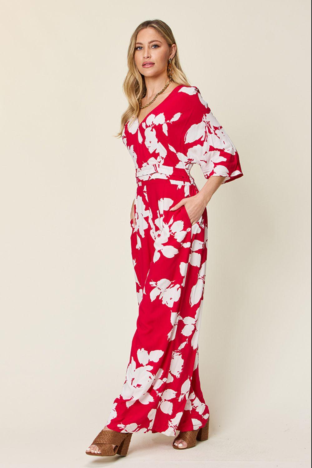 Double Take Full Size Printed Tie Back Wide Leg Jumpsuit Carauana Store