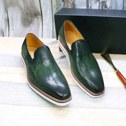 Fashion men casual shoes green comfortable flat loafers classic pointed handmade leather