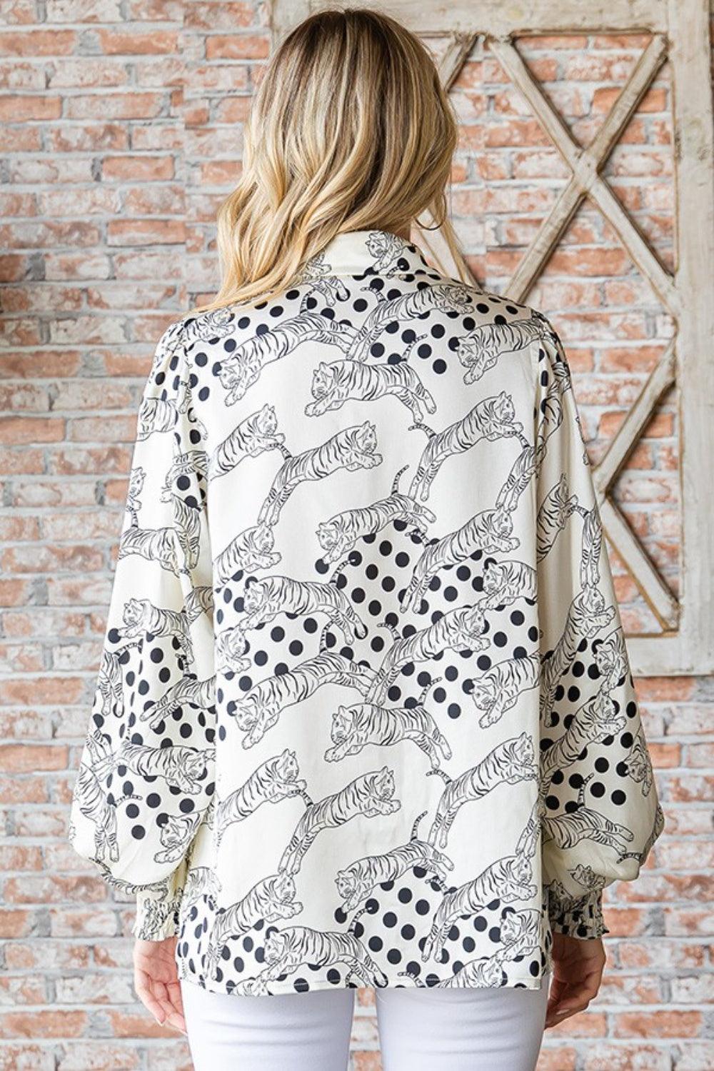 First Love Tiger Print Collared Neck Long Sleeve Satin Shirt Carauana Store