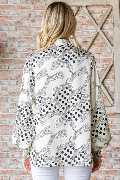First Love Tiger Print Collared Neck Long Sleeve Satin Shirt Carauana Store