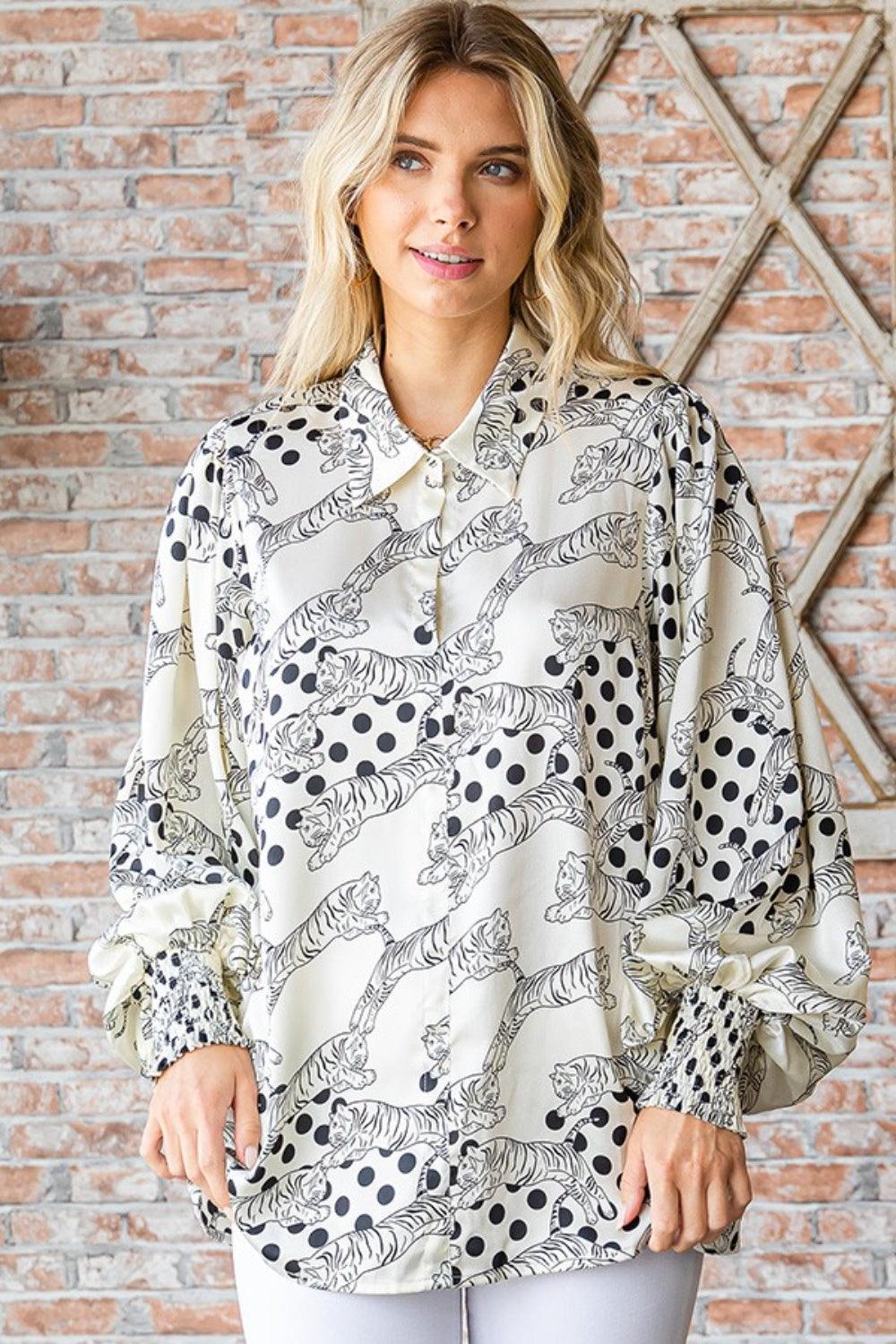 First Love Tiger Print Collared Neck Long Sleeve Satin Shirt Carauana Store
