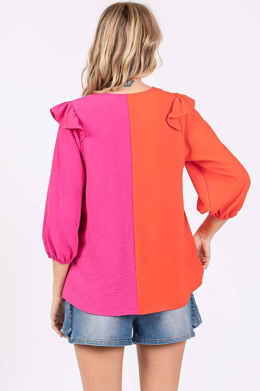 GeeGee Full Size Ruffle Trim Contrast Blouse Carauana Store