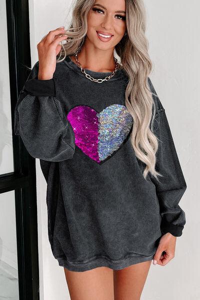 Heart Sequin Round Neck Sweatshirt Carauana Store