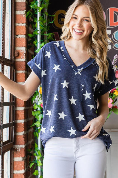 Heimish Full Size Star Print V-Neck Short Sleeve T-Shirt Carauana Store