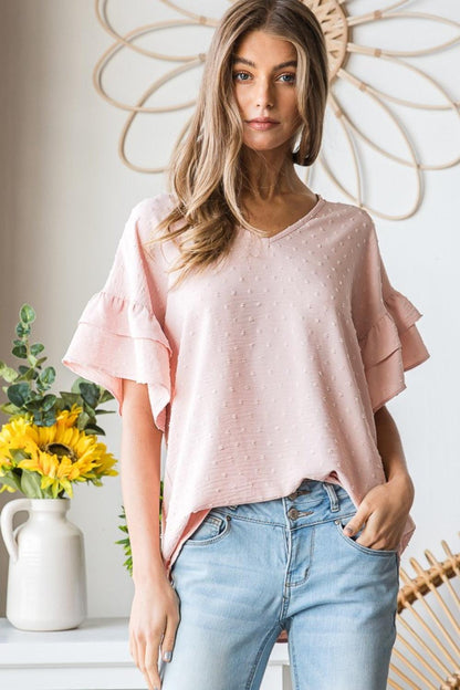 Heimish Full Size Swiss Dot Ruffle Short Sleeve Top Carauana Store