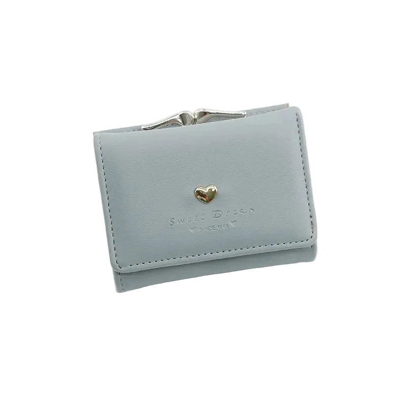 Light blue wallet with a gold heart emblem on a white background