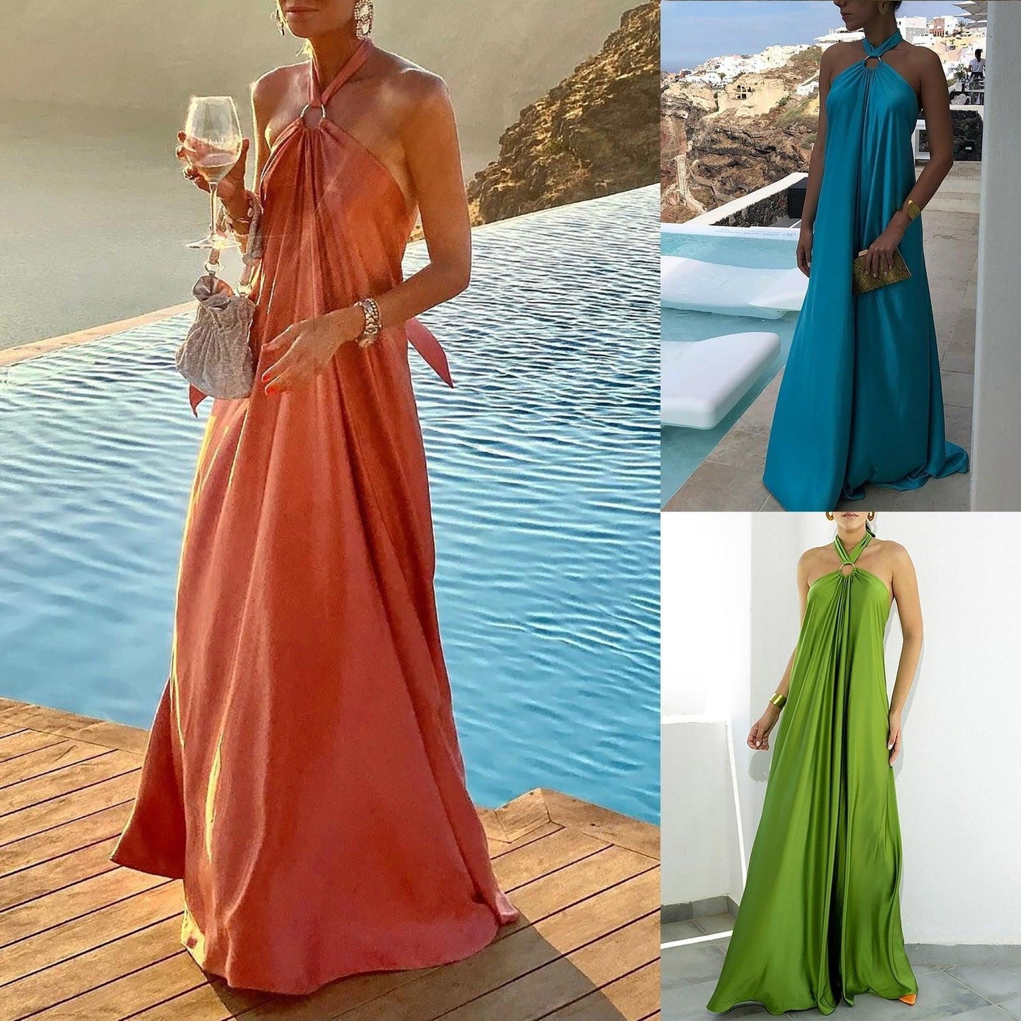 Long Formal Satin Dress Halter Neck Sleeveless