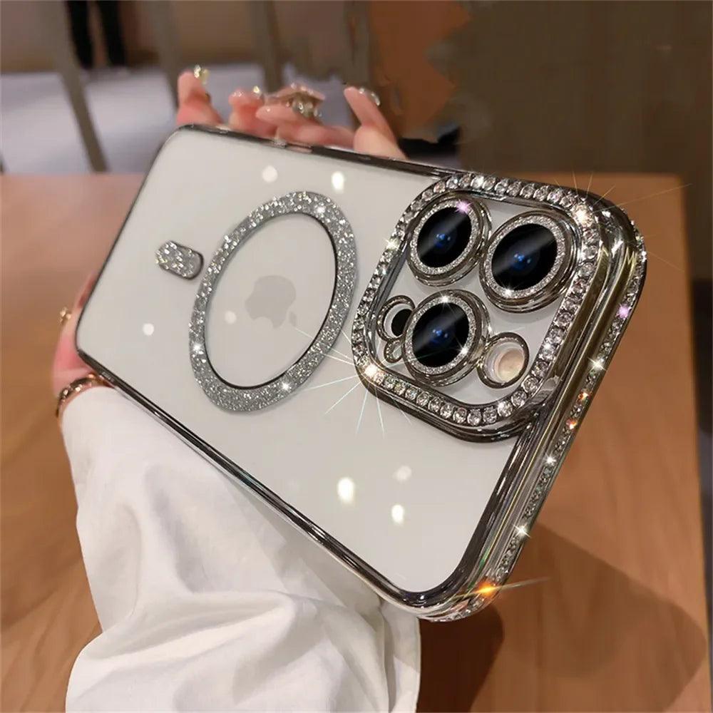 Luxury Diamond Glitter Magnetic Charging Soft Case for Magsafe IPhone 15 14 13 12 Pro Max Plus 11 Transparent Shockproof Cover