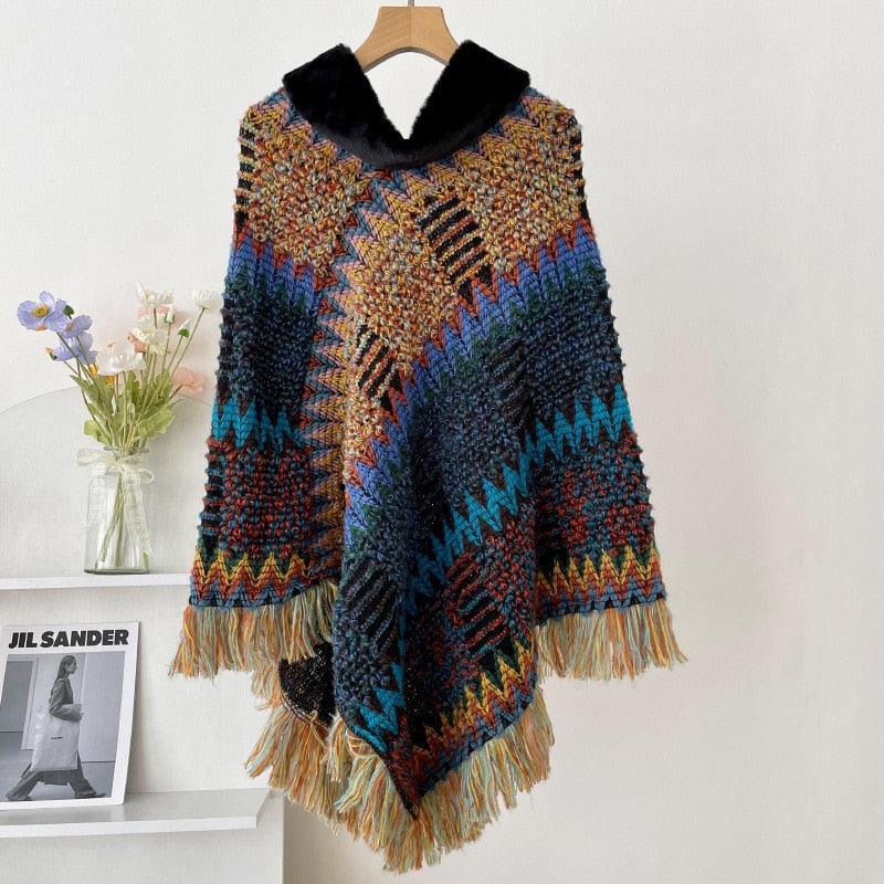 New Pullover Cloak Tassel Warm Shawl Imitation Wool Collar Ponchos