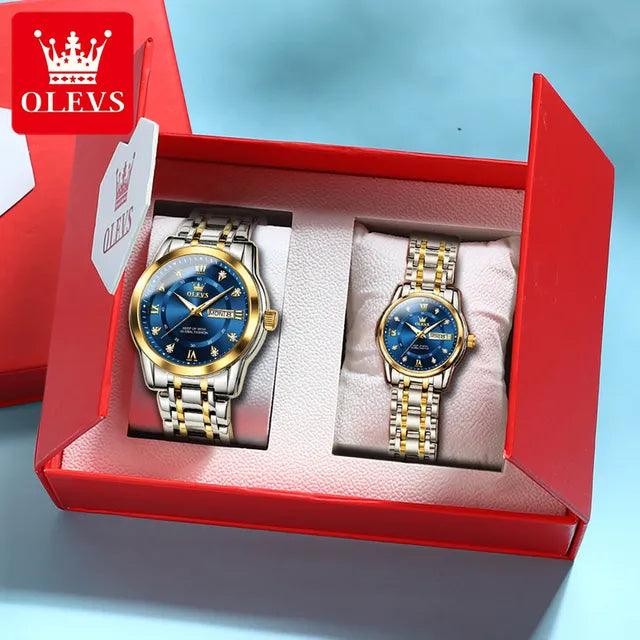 OLEVS Couple Watch Pair for Men and Women Stainless Steel Waterproof Men's Watches Luxury Gold Diamond Lover's Wristwatches 2023