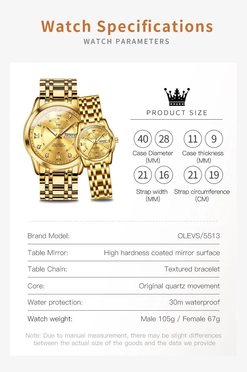 OLEVS Couple Watch Pair for Men and Women Stainless Steel Waterproof Men's Watches Luxury Gold Diamond Lover's Wristwatches 2023