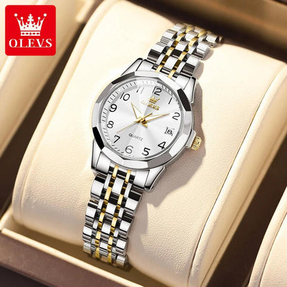 OLEVS Golden Watch for Women Luxury Elegant Rhombus Design Digital Dial Stainless Steel Strap Waterproof Calendar Clock Ladies