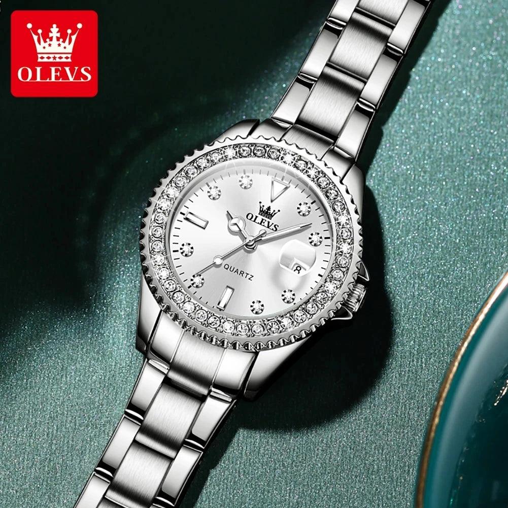 OLEVS Original Diamond Dial Quartz Watch for Women Fashion Elegant Ladies Watches Stainless Steel Waterproof Women's Wristwatch