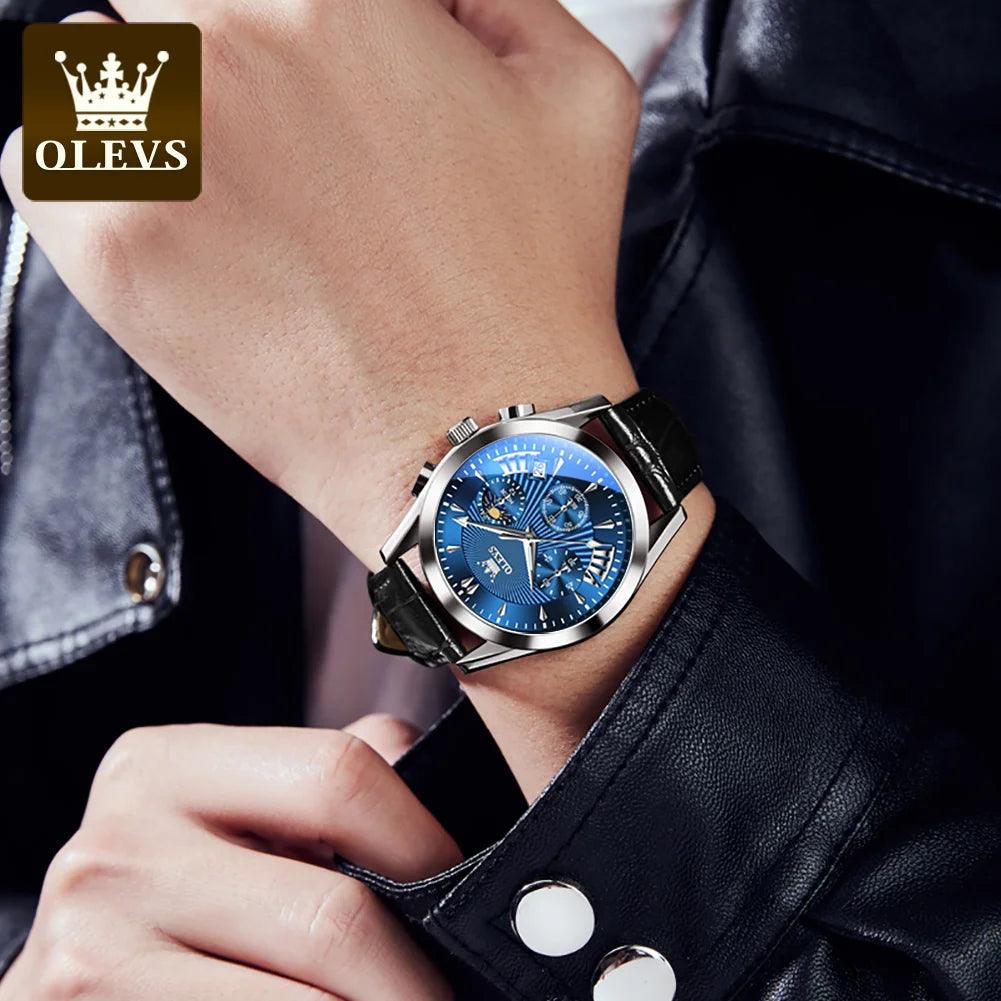 OLEVS Original Men's Watches Sport Chronograph Quartz Male Watch Waterproof Leather Strap Luminous Wristwatch 24 hour dial