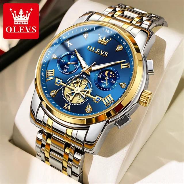 OLEVS Stainless Steel Men's Watches Chronograph Moon Phase Waterproof Luminous Quartz Wrist Watch for Men Luxury Brand Man Watch