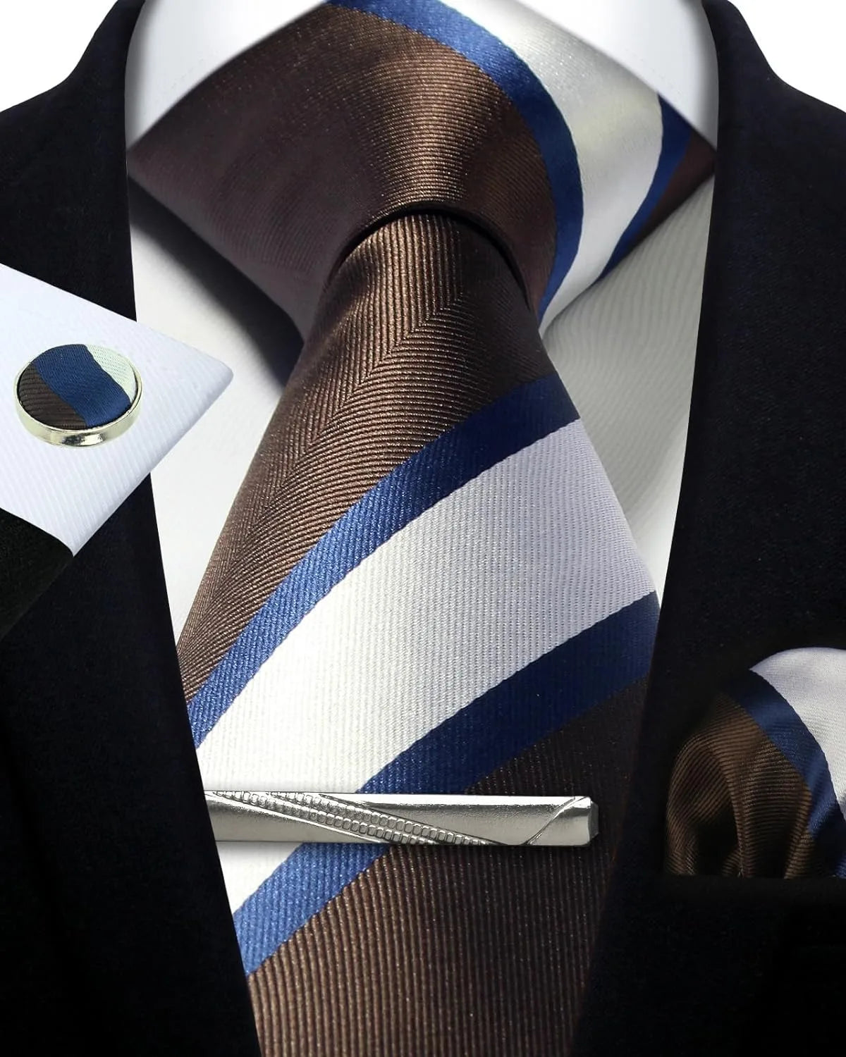 Striped tie with a tie clip and cufflinks on a suit jacket.
