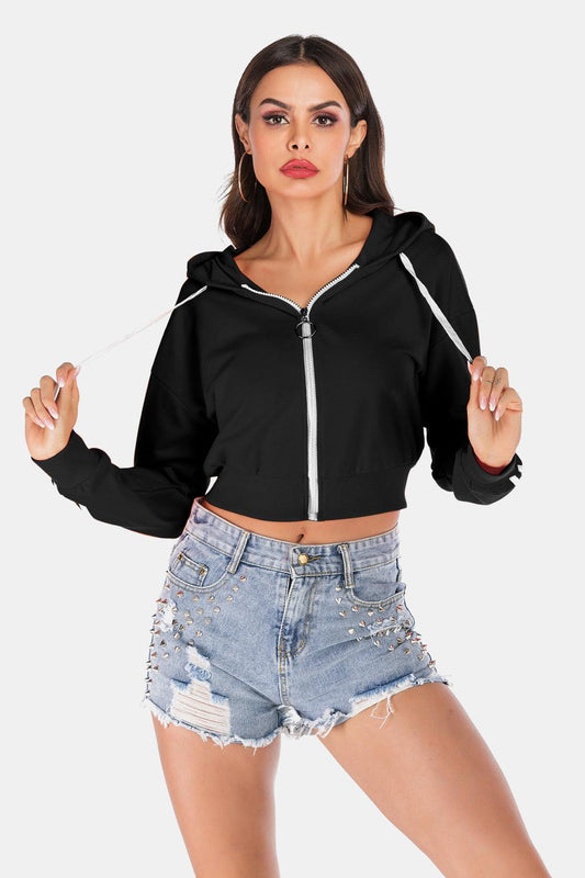 Side Stripe Drawstring Cropped Hooded Jacket Carauana Store