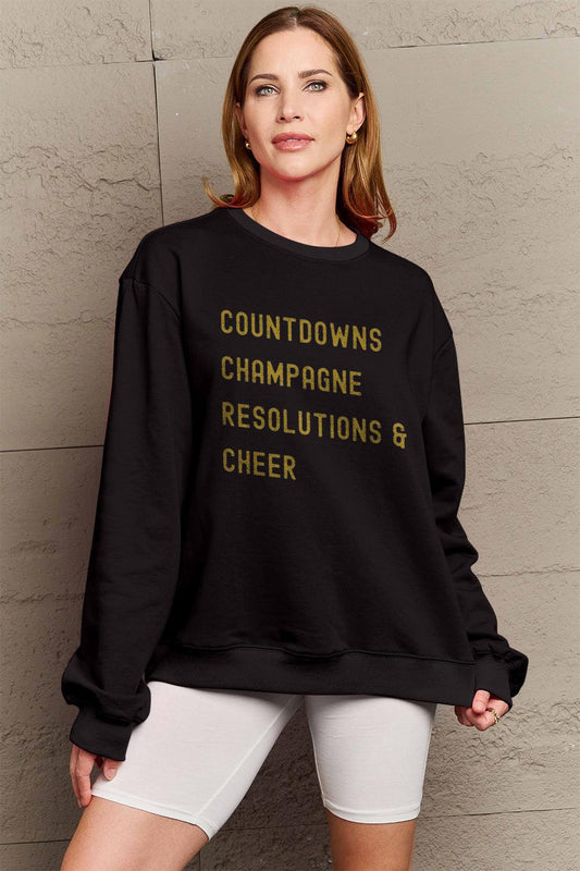 Simply Love Full Size COUNTDOWNS CHAMPAGNE RESOLUTIONS & CHEER Round Neck Sweatshirt Carauana Store