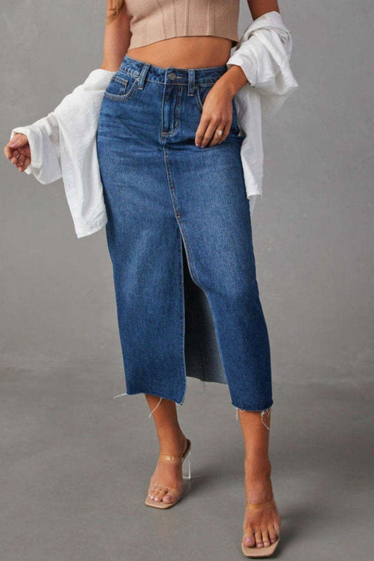 Slit Raw Hem Midi Denim Skirt Carauana Store