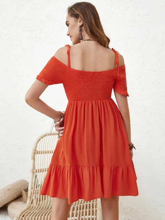 Smocked Spaghetti Strap Short Sleeve Dress Carauana Store