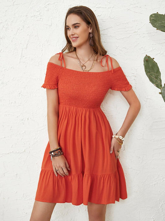 Smocked Spaghetti Strap Short Sleeve Dress Carauana Store