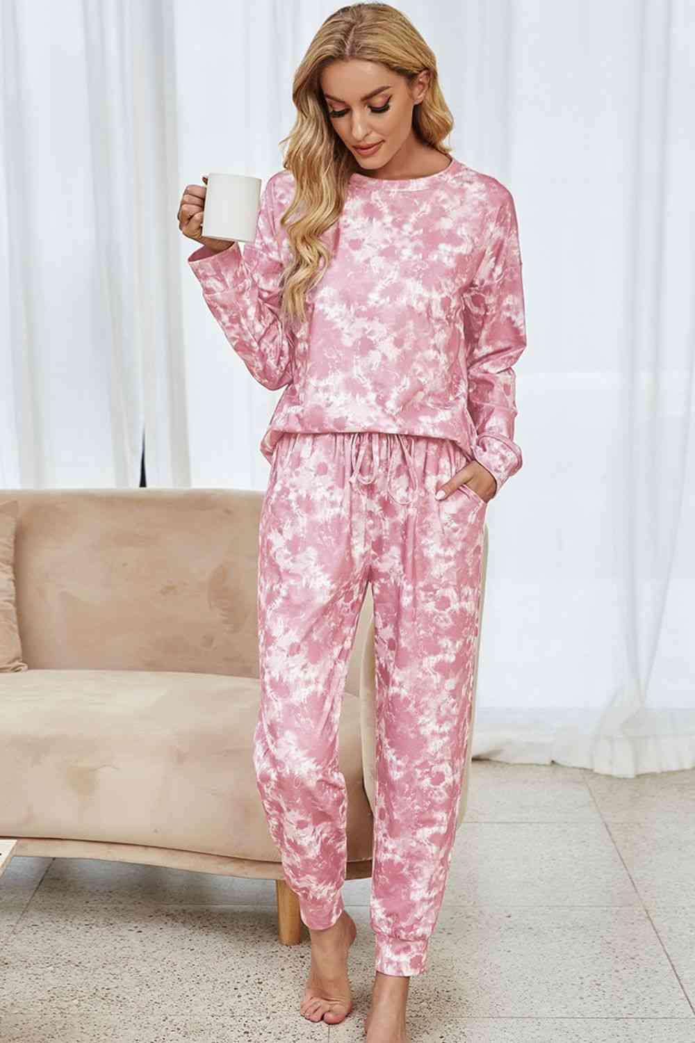 Tie-Dye Long Sleeve Top and Drawstring Joggers Lounge Set Carauana Store