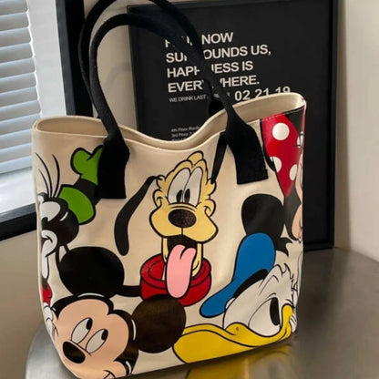 Tote bag with cartoon character design on a surface