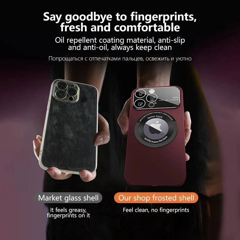 Two phone cases being held, one with a glass shell and the other with a frosted shell, on a dark background.