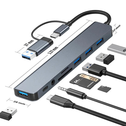 USB hub with various cables and connectors