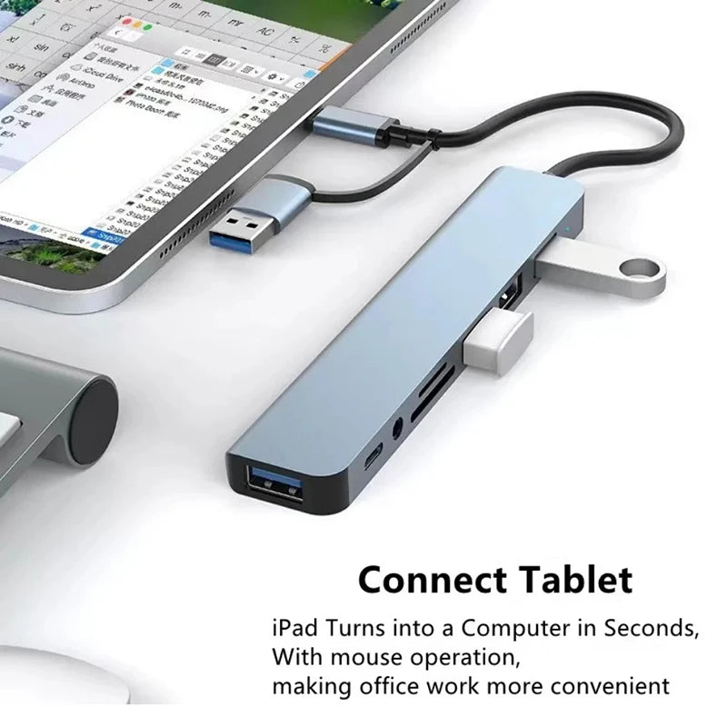 USB hub connected to a tablet with text highlighting its functionality.