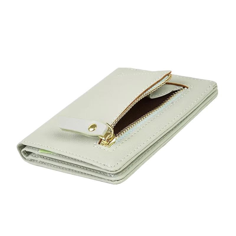 Light gray wallet with a gold zipper