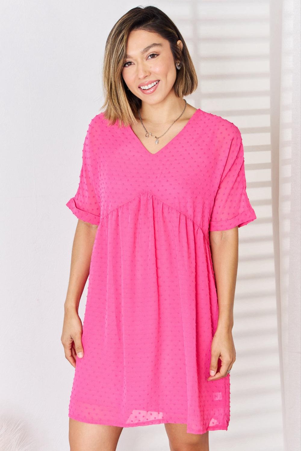 Zenana Swiss Dot Rolled Short Sleeve Babydoll Dress Carauana Store