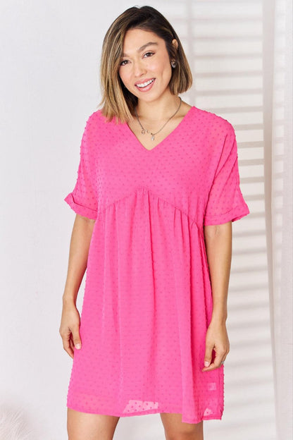 Zenana Swiss Dot Rolled Short Sleeve Babydoll Dress Carauana Store